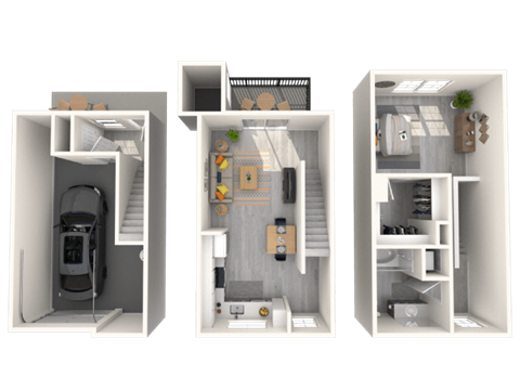 Three images of a small apartment layout.